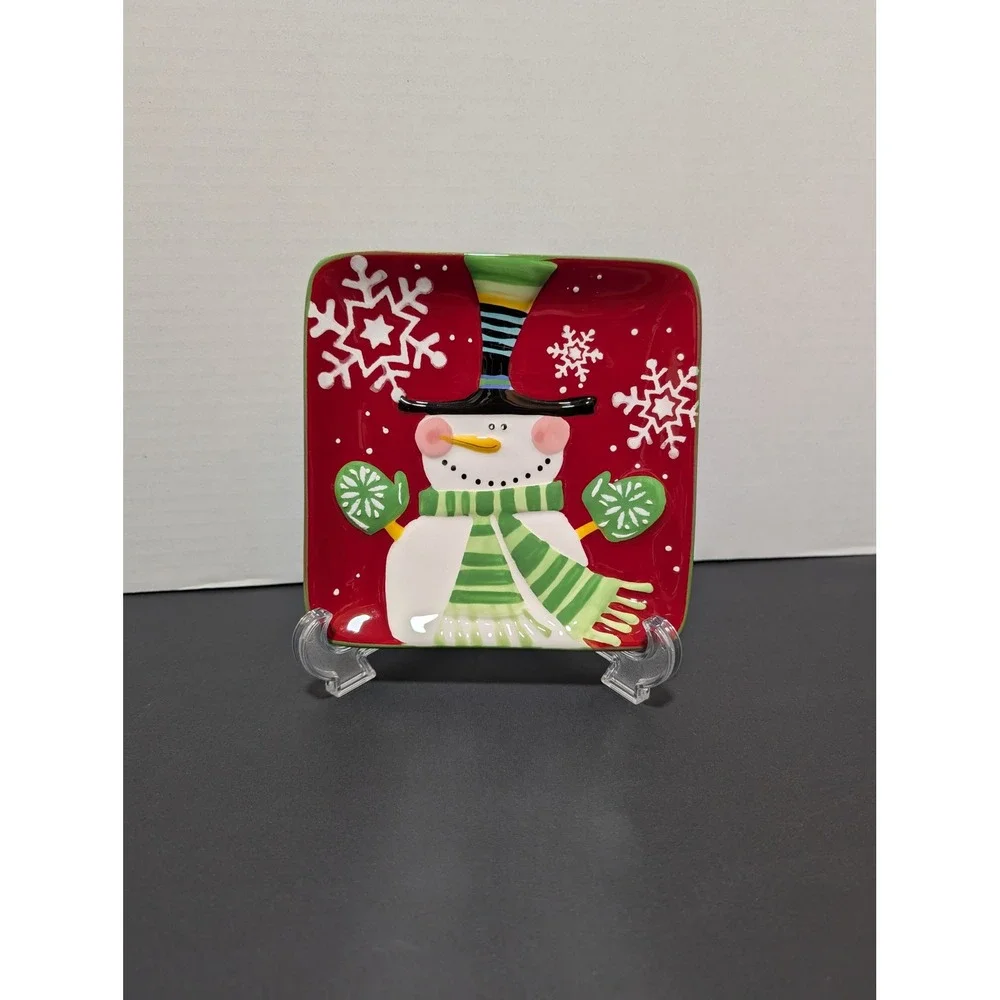 Pier 1 Imports‎ Snowman Hand Painted Dolomite Holiday Winter Snow Square Plate